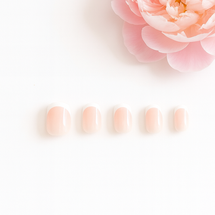 Peony Ikebana – Square French Press-On Nails (Sheer Pink + White Tips)
