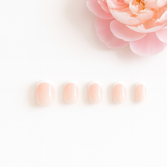 Peony Ikebana – Square French Press-On Nails (Sheer Pink + White Tips)